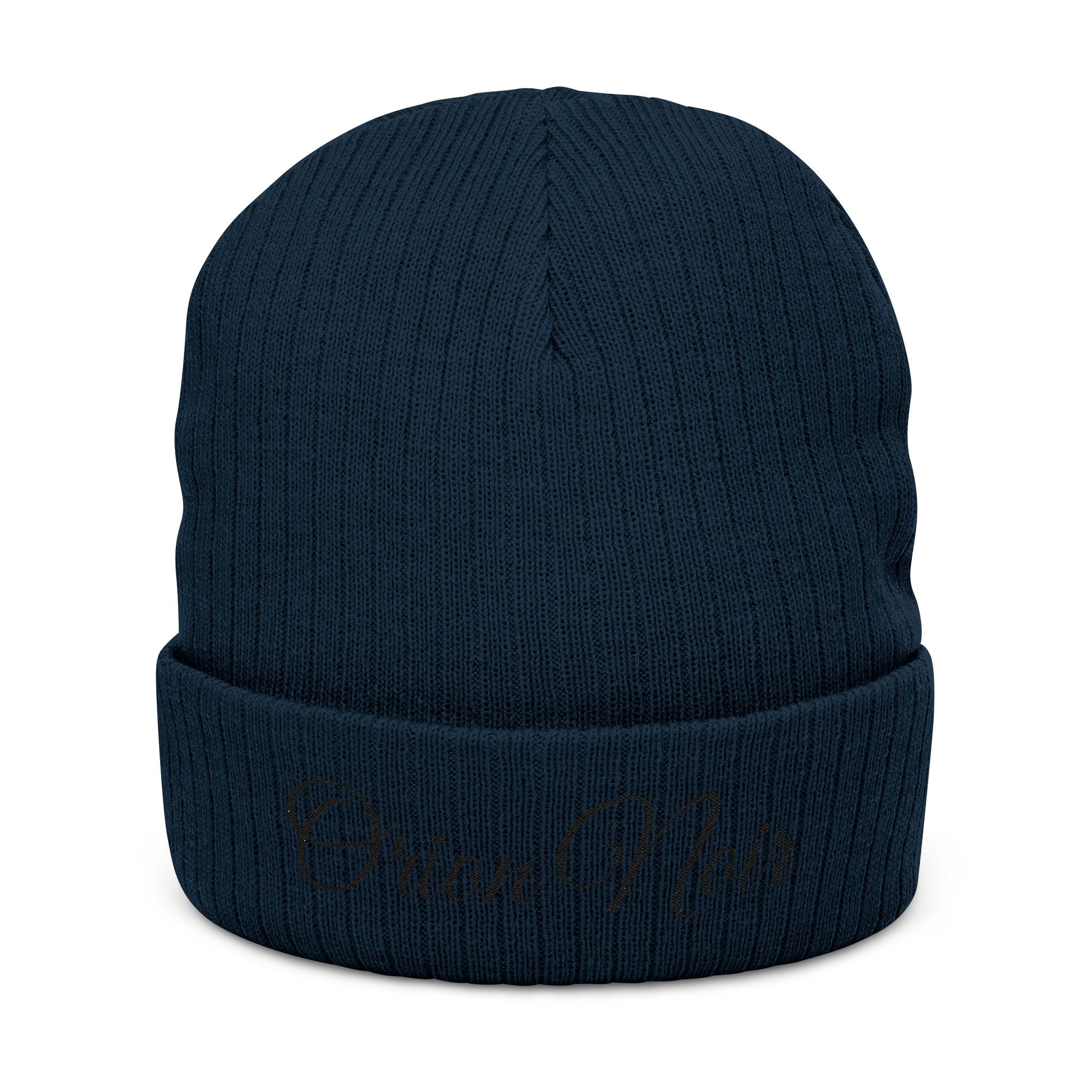 Embroidered Ribbed Knit Beanie — "Orion Noir" Cuffed Winter Hat