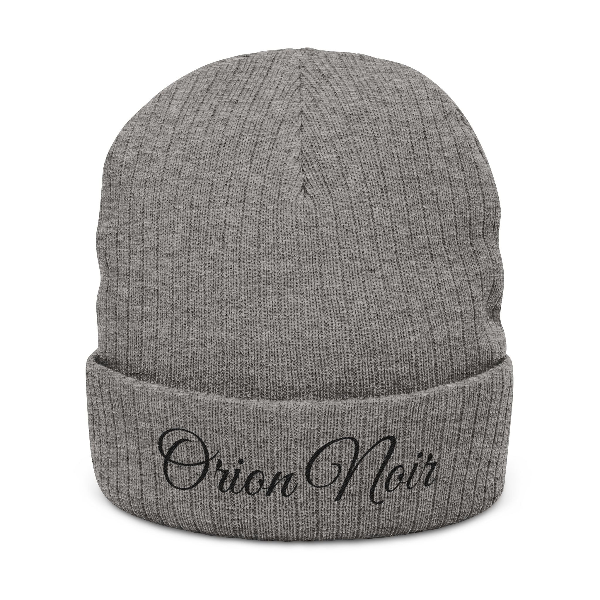 Embroidered Ribbed Knit Beanie — "Orion Noir" Cuffed Winter Hat